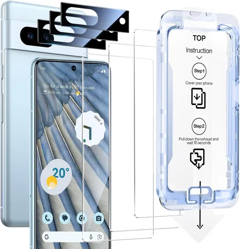 SMARTDEVIL [Paquete de 3+3] Protector de pantalla para Google Pixel 7A con protector de lente de cámara, compatible con lector de huellas