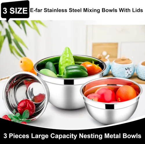 Miniatura 3 de E-far Tazones para mezclar con tapas, juego de 6 piezas de tazones para ensalada de acero inoxidable, tazones de metal anidables para hornear, Negro