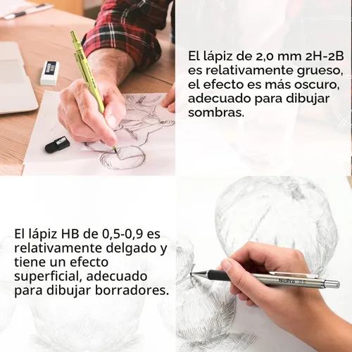 Miniatura 5 de Nicpro - Juego de lápices mecánicos dorados, 3 lápices metálicos de dibujo de 0.01 pulgadas, 0.02 pulgadas y 0.03 pulgadas, y 3 lápices con minas