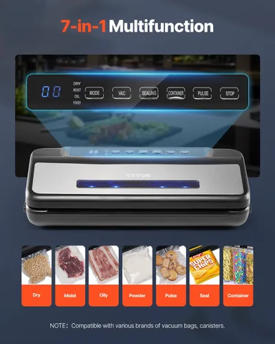 Miniatura 3 de VEVOR Máquina selladora al vacío, 80 Kpa 120 W, potente sellador de alimentos compacto, sellador al vacío de alimentos multifuncional 7 en 1