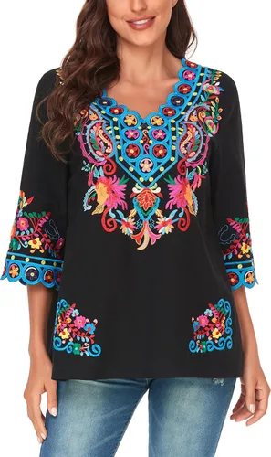 Miniatura 3 de YZXDORWJ Blusa de verano para mujer, estilo bohemio, estilo mexicano, con bordado bohemio