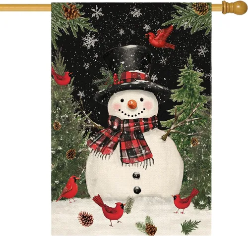 Miniatura 11 de AVOIN colorlife Muñeco de nieve azul con bufanda Bandera de jardín de Navidad 12x18 pulgadas de dos vistas, Bandera decorativa de patio de invierno