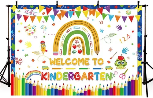 Miniatura 2 de MEHOFOND Cartel de fondo de bienvenida a jardín de infantes de 7 x 5 pies, diseño de arco iris, para regreso a clases, decoración de fiesta