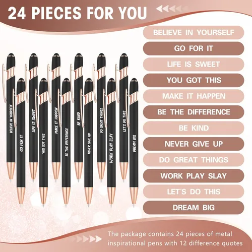 Miniatura 3 de Yeaqee 24 piezas de bolígrafos de bola inspiradores, tinta negra retráctil con citas motivacionales, con punta de lápiz táctil, mensaje alentador