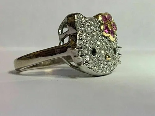 Miniatura 2 de Hello Kitty - Anillo de diamante de corte redondo de 2 quilates, plata de ley 925 maciza, anillo Art Deco, regalo de mujer, lindo anillo de gatito