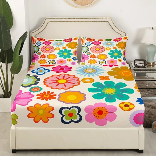 Miniatura 3 de Juego de ropa de cama de flores Groovy de los años 70, sábana bajera ajustable de flores de arco iris para niños y niñas, sábanas de ropa de cama