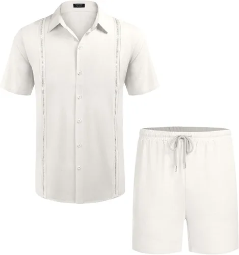 Miniatura 4 de COOFANDY Conjunto de 2 piezas de lino para hombre camisa con botones y pantalones cortos