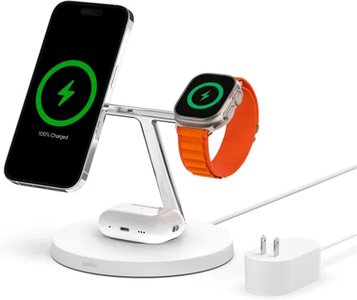 Miniatura 10 de Cargador compatible con MagSafe de Belkin, estación de carga inalámbrica 3 en 1, carga inalámbrica certificada Qi2 de 15 W para Apple iPhone serie