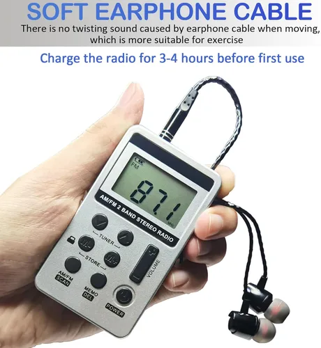 Miniatura 3 de Radio AM FM portátil con pantalla LCD de sintonización digital, radio de bolsillo recargable SWDSTP con auriculares estéreo y clip de cinturón