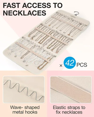 Miniatura 2 de Organizador de joyas colgante BAGSMART con rollo de almacenamiento y ganchos metálicos, soporte doble para aretes, collares, anillos en el armario