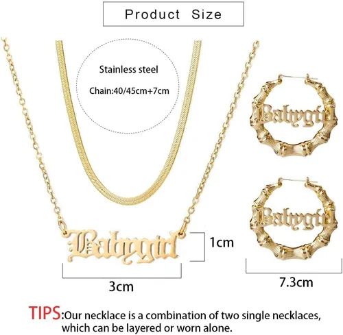 Miniatura 5 de Aretes de aro de bambú para mujer, de acero inoxidable, estilo de letra inglesa, estilo de los años 8090, accesorio para disfraz, conjunto de joyas