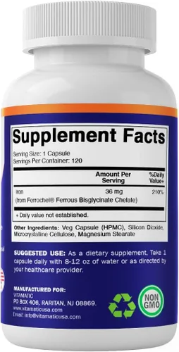 Miniatura 8 de Vitamatic Hierro quelado de 36 mg (de Ferrochel® Ferroso Bisglicinato Quelato) – No estreñimiento – 120 cápsulas vegetales – Sin OMG, sin gluten