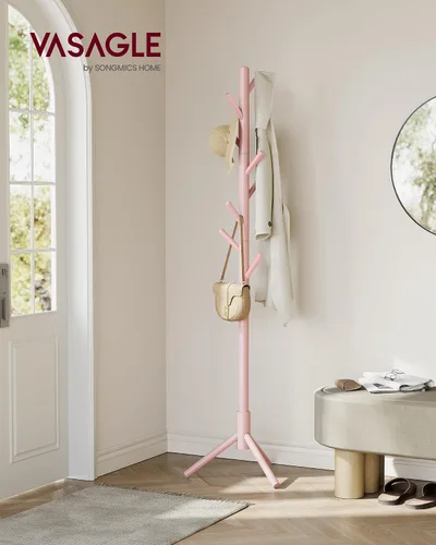 Miniatura 2 de VASAGLE Perchero de Madera Maciza, Perchero de Pie en Forma de Árbol con 8 Ganchos, 3 Opciones de Altura, para Ropa, Sombreros, Bolsos, Sala de Rosa