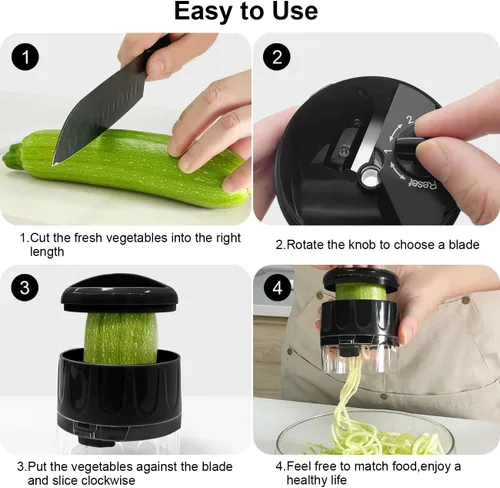 Miniatura 5 de Rebanador cortador en espiral de verduras 3 en 1, fabricante ajustable de fideos de calabacín y zanahoria, cortador en espiral de pepino