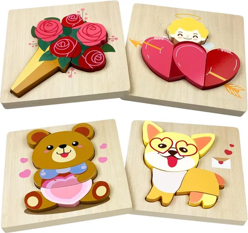 Anditoy Paquete de 4 Rompecabezas de Madera de San Valentín para Niños y Niños Pequeños Regalos de Favores de Fiesta de San Valentín