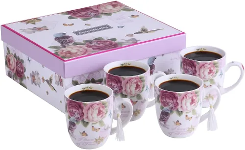 London Boutique Juego de tazas de café de té, 4 porcelana, pájaro, rosa, mariposa, diseño Shabby Chic en caja de regalo, 11 oz