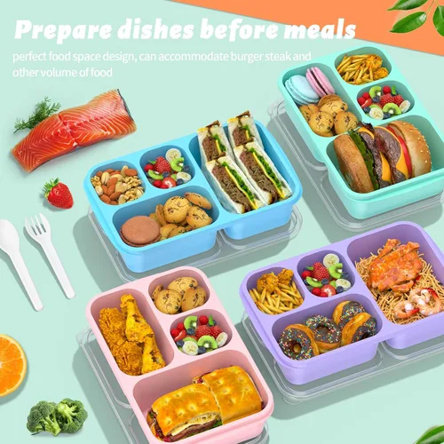 Miniatura 2 de Lonchera Bento – Paquete de 4 recipientes de preparación de comidas de 4 compartimentos, fiambrera para adultos, apta para microondas y lavavajillas