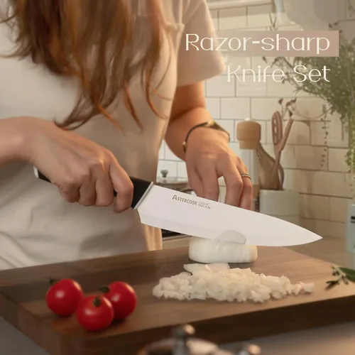 Miniatura 2 de Astercook Juego de cuchillos, cuchillos de cocina con bloque y afilador, revestimiento de cerámica, 15 unidades, cuchillos alemanes de acero Un