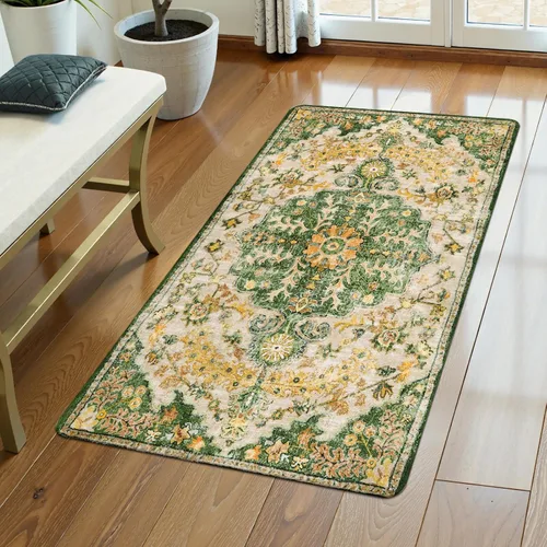 Miniatura 45 de Lahome Alfombra bohemia con medallón floral, 4 x 6 pies, color verde azulado, suave, lavable, antideslizante, apta para mascotas, alfombra
