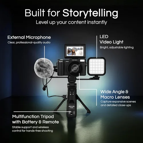 Miniatura 5 de Minolta Kit de cámara VLOG de 64MP 4K60FPS - Videocámara digital de enfoque automático con trípode, control remoto, micrófono, luz LED, pantalla LCD