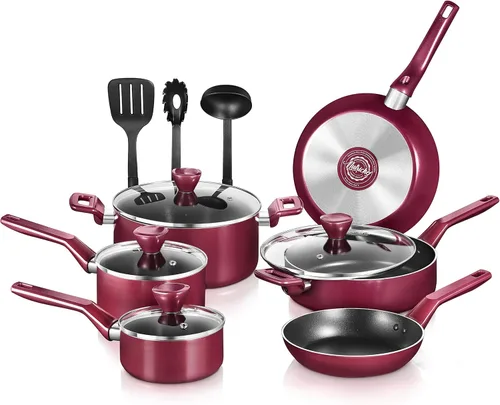 NutriChef Juego de utensilios de cocina antiadherentes de cocina de 13 piezas, sin PTFE/PFOA/PFOS, resistentes al calor, ollas con cacerola, Rojo