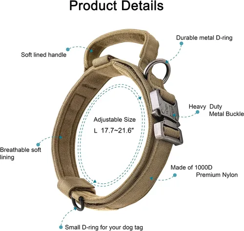 Miniatura 2 de Juego de collar y correa táctica para perro: collar de perro de nailon ajustable con asa que absorbe los golpes, correa retráctil fuerte para perros