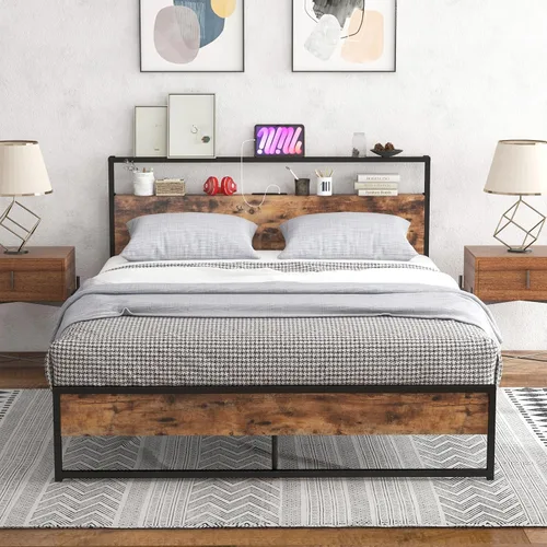 Miniatura 11 de Giantex Base de cama Queen con cabecero de luces LED y 4 cajones de almacenamiento, plataforma de metal con enchufes y puertos USB, estación
