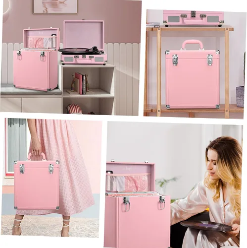 Miniatura 2 de Caja de almacenamiento de discos de vinilo Hododou con candado Organizador de discos Almacenamiento para más de 30 discos individuales de 12 Rosa