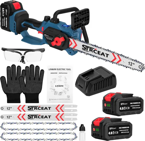 Motosierra inalámbrica sin escobillas de 12 pulgadas, motosierra inalámbrica de mano con 2 baterías de 4.0 Ah, mini motosierra pequeña portátil con