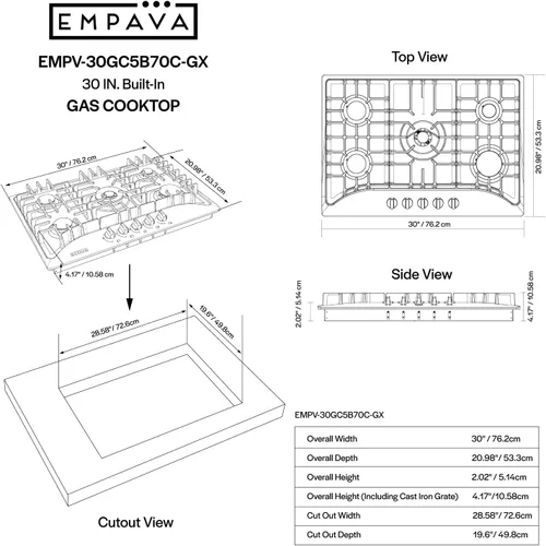 Miniatura 6 de Empava - Anafe de gas de 30 pulgadas con 5 quemadores de clase mundial fabricados en Italia SABAF, convertible a GLP/GN, ideal para cocinas de RV