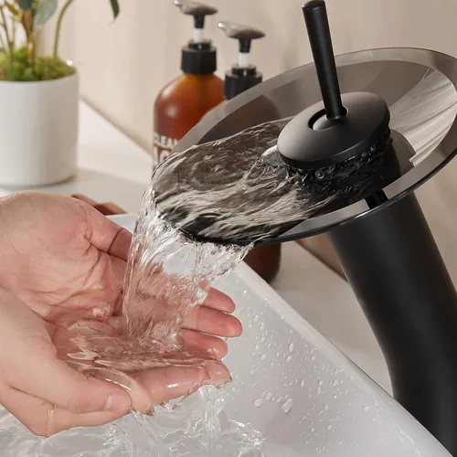 Miniatura 6 de Grifo de Baño de Cascada de Vidrio con Mango Único de Latón Macizo para Lavabo Lavatorio Vessel Sink Vanity, Alto, Negro