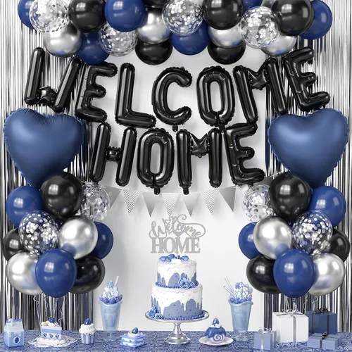 Decoración de bienvenida al hogar, color negro, azul, plateado, globo con globos de papel de aluminio de corazón, cortina de flecos para decoración