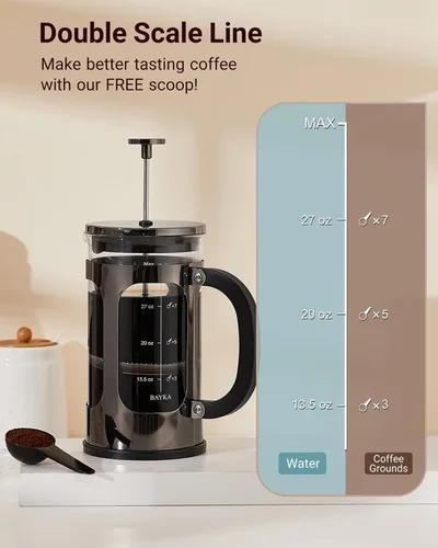 Miniatura 7 de BAYKA cafetera y tetera de prensa francesa de acero inoxidable 304, con sistema de filtración de 4 niveles, vidrio de borosilicato grueso resistente