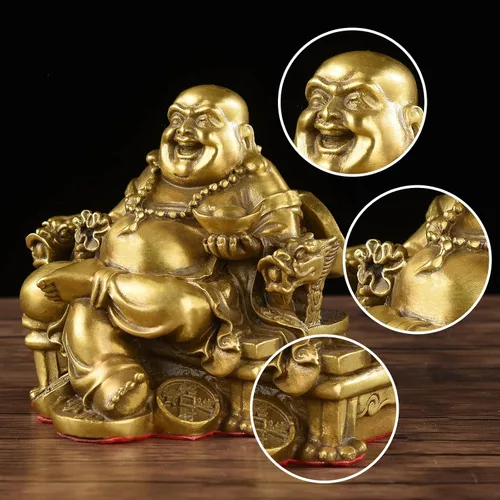 Miniatura 3 de Brass Statu BRABUD Feng Shui - Estatua de Buda sonriente hecha a mano sentado en la silla del emperador, escultura para el hogar