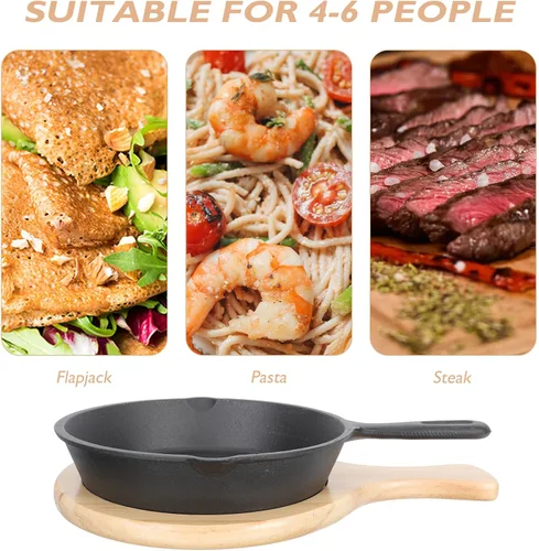 Miniatura 7 de Thick Cast Iron Nonstick Steak Frying Pan with Wooden Board Even Heat Distribution Wear-resistant Surface Versatile Omelette and Egg Pan for Home