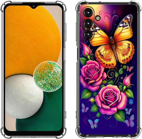 Miniatura 18 de Samsung Galaxy A14 5G - Funda para teléfono celular, diseño de flores de mariposa azul, a prueba de golpes, TPU con bordes elevados, compatible