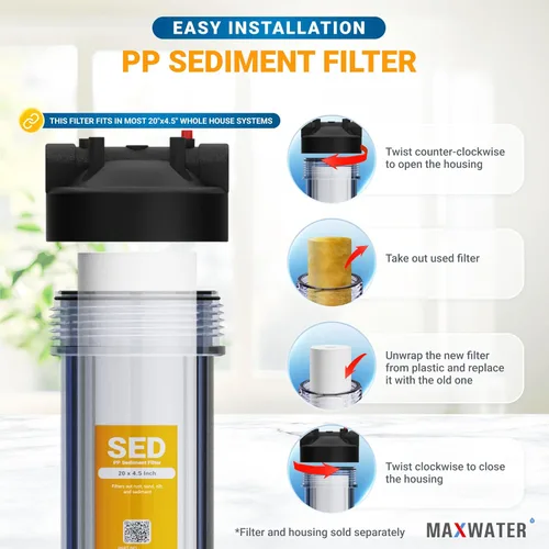 Miniatura 5 de Max Water Filtro de sedimentos de 1 micrón, 20 x 4.5, cartucho de repuesto para sistema de filtración de agua BB para toda la casa compatible