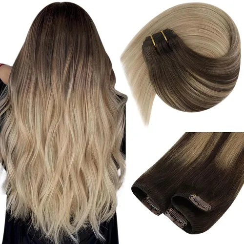 Miniatura 50 de Ve Sunny Extensiones de cabello clip-in de cabello humano real con reflejos, extensiones de cabello con clip para cabello corto, marrón oscuro