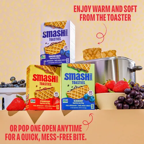 Miniatura 3 de Smash Foods Toasties - Paquete de 3 tostadoras de trigo integral saludables, fresa, arándano, uva, sin azúcar refinada, relleno de fruta real, 9