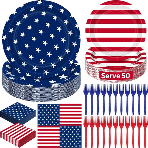 200 Pcs 4th of July Plates and Napkins Sets, Disposable American 250th Anniversary Dinnerware, Patriotic Flag Red White Blue Star and Striped Paper