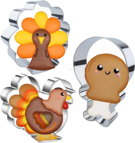Juego de 3 cortadores de galletas grandes de pavo para fiesta de Acción de Gracias, pavos de 3.4 a 4 pulgadas, patas de pollo con instrucciones de
