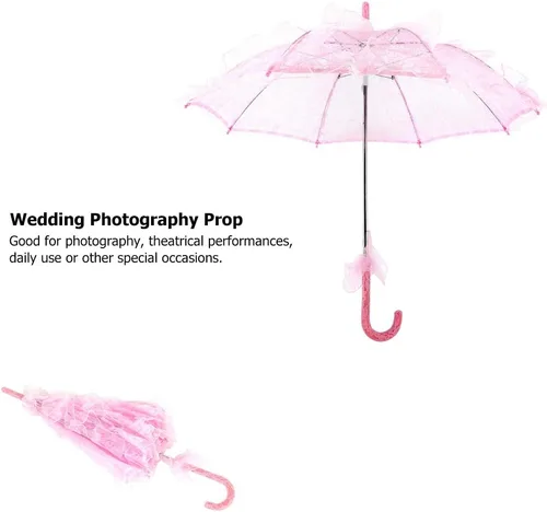 Miniatura 7 de Fdit Sombrilla de algodón con encaje nupcial para bodas, fiestas, bailar, fotografía, accesorio (rosa)