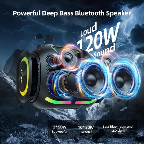 Miniatura 2 de ZEALOT ZE01 - Bocina portátil Bluetooth, 120W de potente sonido estéreo con graves profundos, inalámbrica, gran bocina para fiesta, compatible