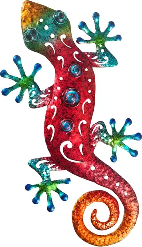 Tuokiuhn Decoración de pared de metal rojo Gecko para exteriores, decoración de jardín de lagarto, valla al aire libre, patio, arte de pared,