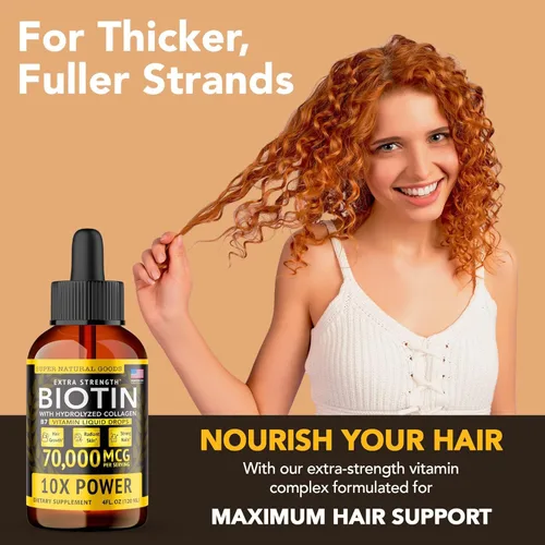 Miniatura 3 de Super Natural Goods Liquid Biotin & Collagen - Gotas de vitamina para el crecimiento del cabello de 70,000 mcg - Piel radiante, fuerte soporte