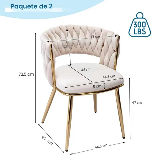 Miniatura 3 de KCC Juego de 2 sillas de comedor modernas de terciopelo, sillas tapizadas para sala de estar con respaldo tejido y patas de metal dorado, silla