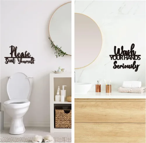 Miniatura 6 de Amyhill 2 juegos de decoración de pared de baño, lávate tus manos seriamente y por favor siéntate tú mismo, divertido letrero decorativo de madera