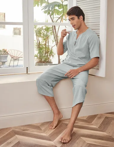Miniatura 7 de COOFANDY Conjunto de 2 piezas de lino para hombre, camisa Henley de manga corta y pantalones capri harén, pierna ancha, holgados, pantalones de yoga