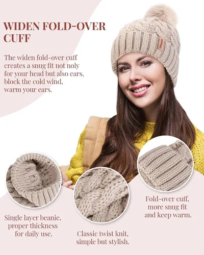 Miniatura 4 de 3 gorros para mujer con pompón, gorro de punto para mujer invierno y otoño, sombreros de invierno cálidos de moda para mujer