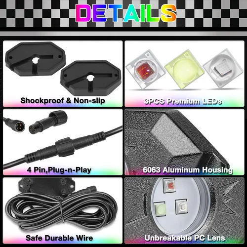 Miniatura 7 de SWATOW - Juego de luces de neón de 4 x 4 pulgadas, luces de roca RGB LED, luces subterráneas con control Bluetooth, luces multicolor para ruedas